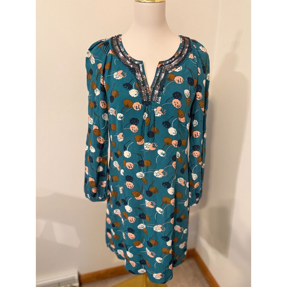 Boden Teal Floral Beaded Sequin Neckline Tunic Dress US 8 UK 12